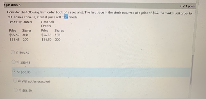  Question 6 0/1 point Consider the following limit order book of