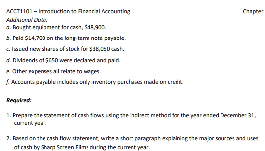  ACCT1101 - Introduction to Financial Accounting Chapter Additional Data: a. Bought