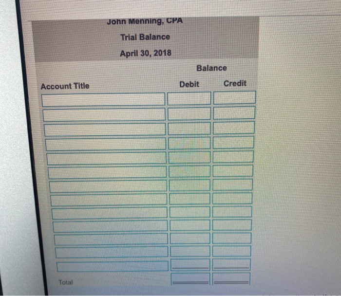 ac 61; a nev sting Record the April transactions in the journal.