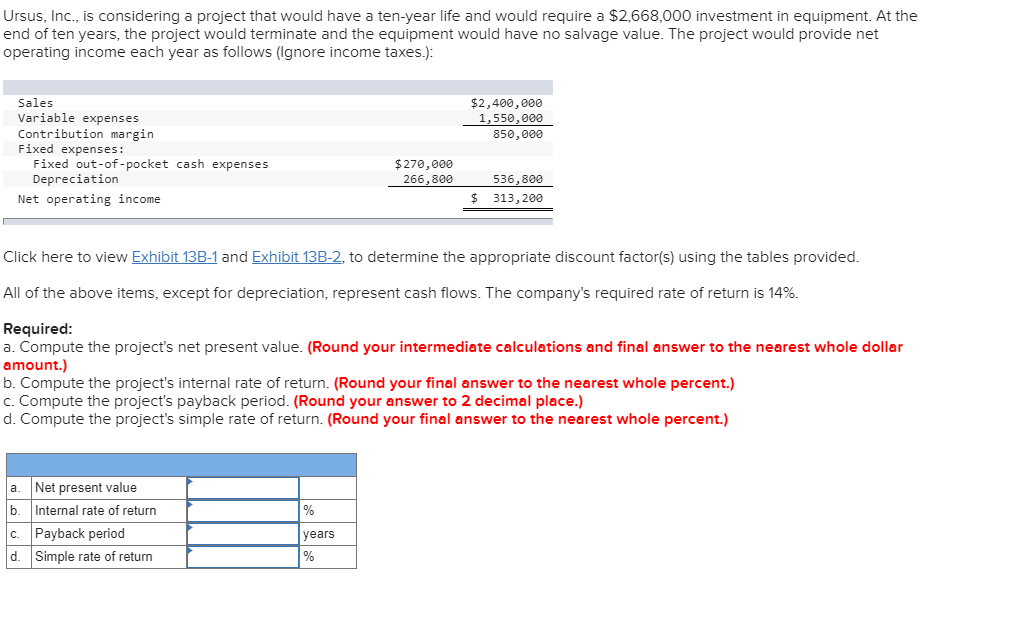 Ursus, Inc., is considering a project that would have a ten-year