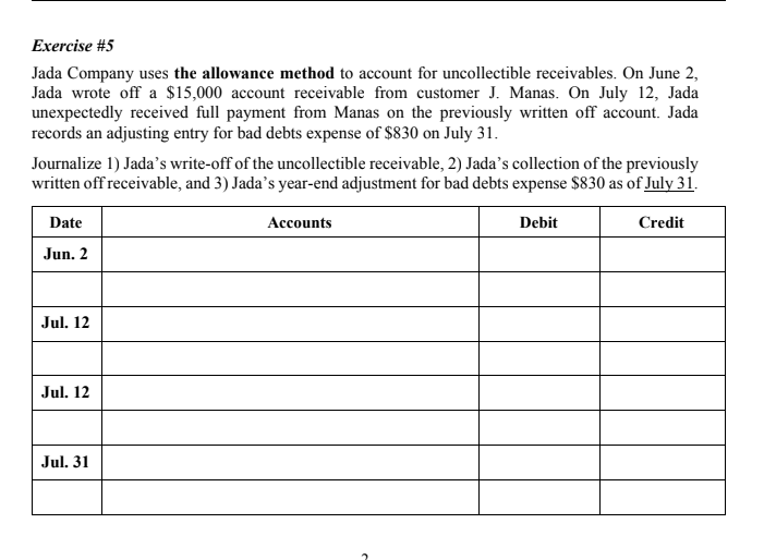 Exercise #5 Jada Company uses the allowance method to account for