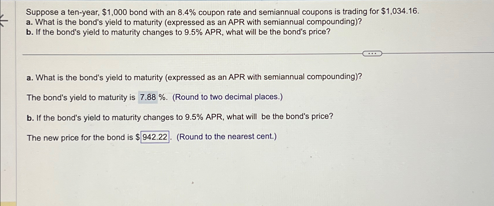  Suppose a ten-year, $1,000 bond with an 8.4% coupon rate and