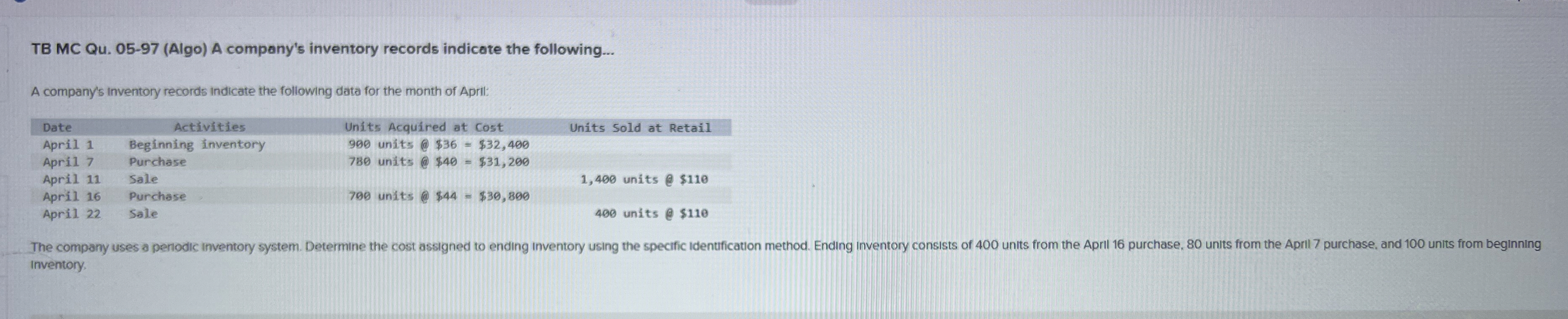  TB MC Qu.05-97(Algo) A company's inventory records indicate the following... A