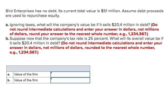 Bird Enterprises has no debt. Its current total value is $51