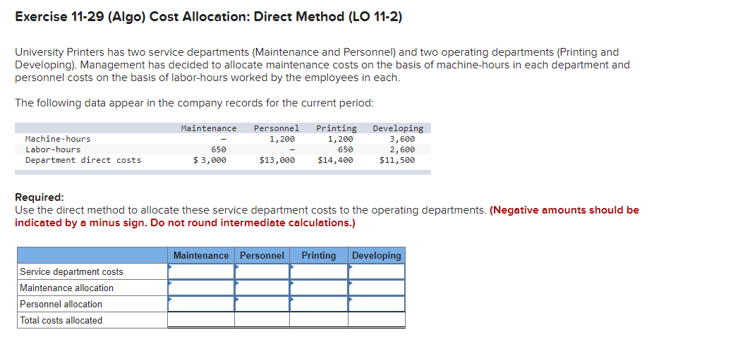 Exercise 11-29 (Algo) Cost Allocation: Direct Method (LO 11-2) University Printers
