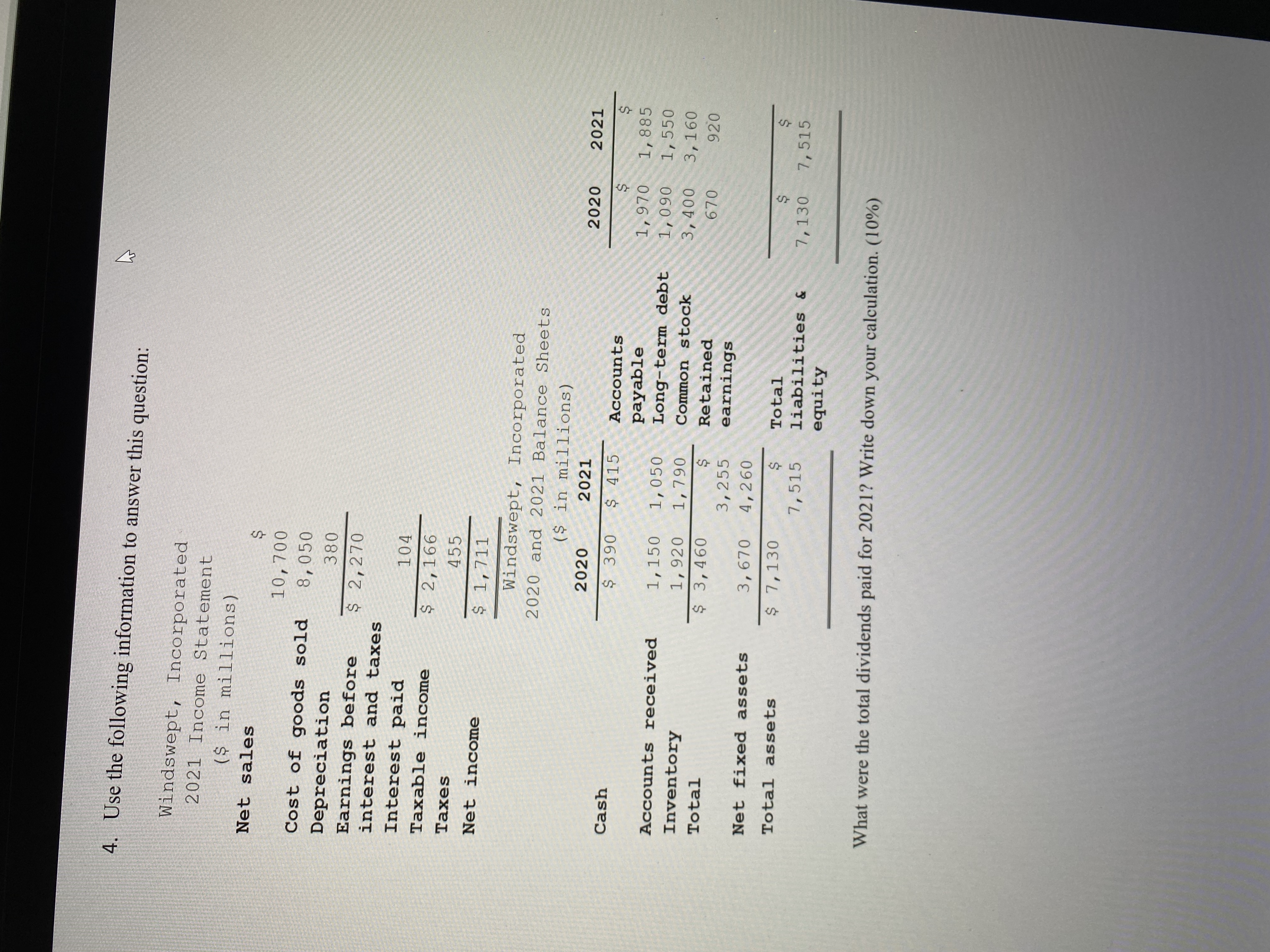  Use the following information to answer this question: Windswept, Incorporated 2021