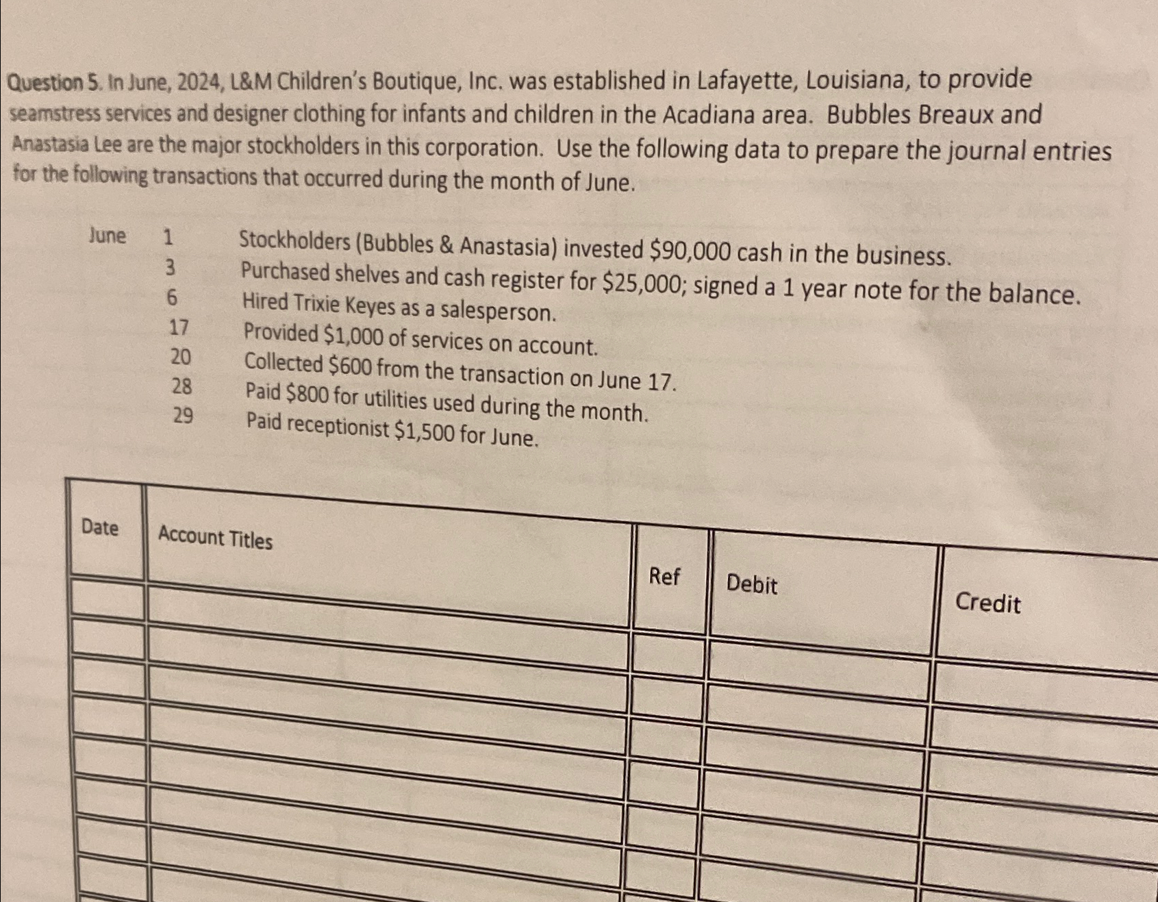  Question 5. In June, 2024, L&M Children's Boutique, Inc. was established