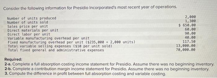  Required: 2-a. Complete a full absorption costing income statement for Presidio.