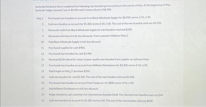 month of May. At the beginning of May. Sunlands' ledger showed Cash