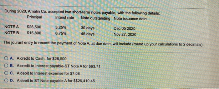  During 2020, Amalin Co. accepted two short-term notes payable, with the
