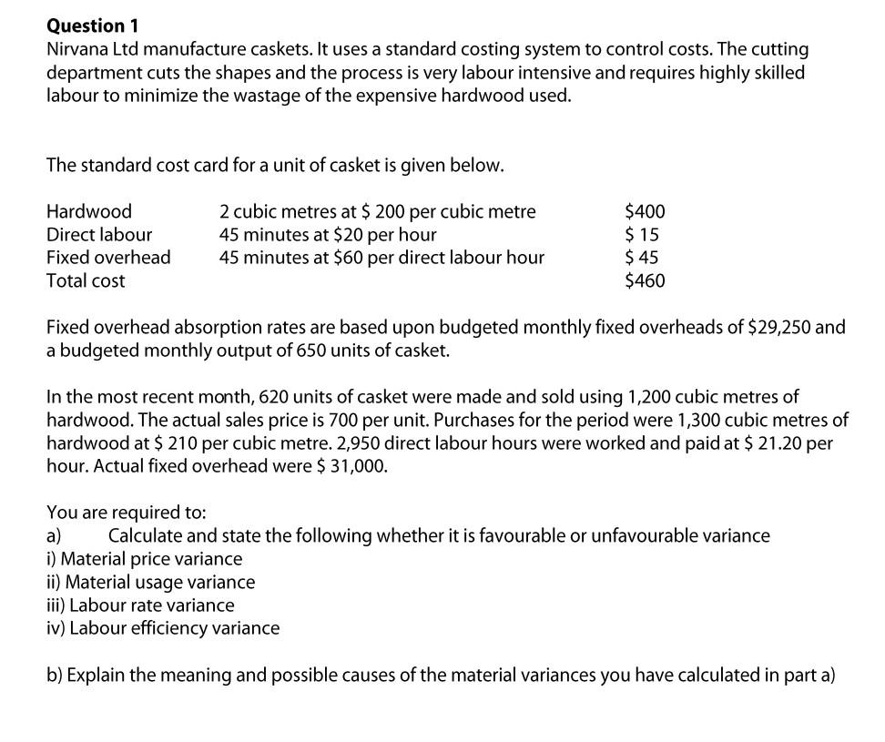  Question 1 Nirvana Ltd manufacture caskets. It uses a standard costing