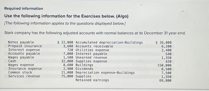  Required information Use the following information for the Exercises below. (Algo)