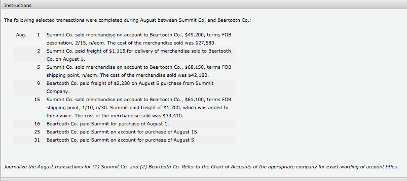  Instructions The following selected transactions were completed during August between Summit