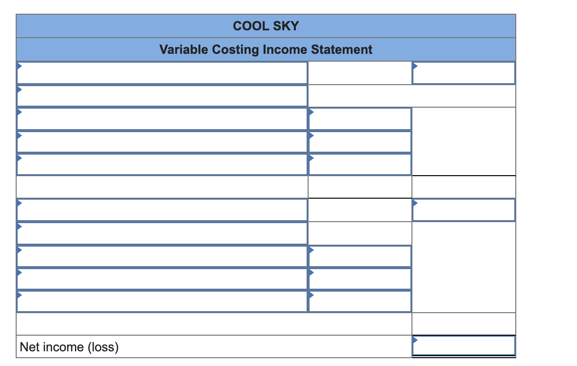 COOL SKY Variable Costing Income Statement Net income (loss) Required information