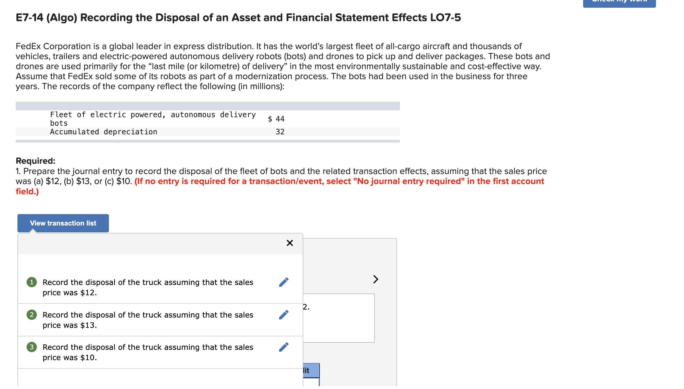 E7-14(Algo) Recording the Disposal of an Asset and Financial Statement Effects
