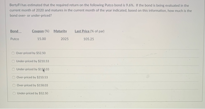  BertyFl has estimated that the required return on the following Putco