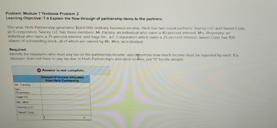 Problem: Module 7 Textbook Problem 2 Learning Objective: 7-4 Explain the
