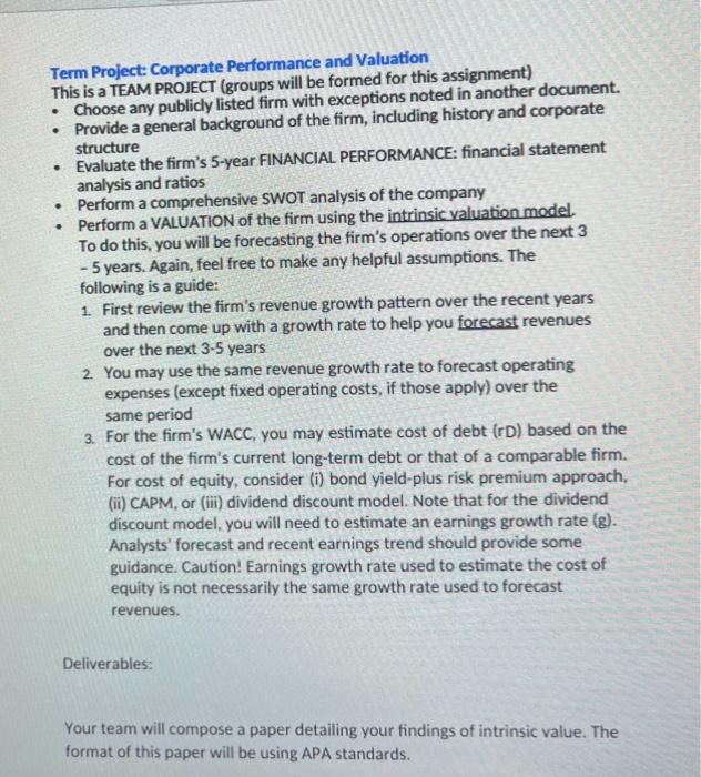  Term Project: Corporate Performance and Valuation This is a TEAM PROJECT