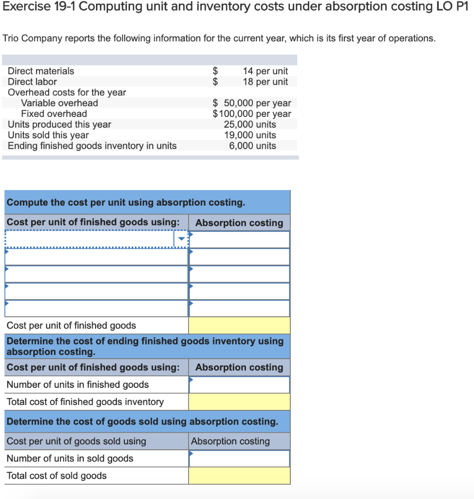  Exercise 19-1 Computing unit and inventory costs under absorption costing LO