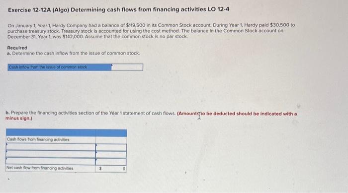  Exercise 12-12A (Algo) Determining cash flows from financing activities LO 12-4