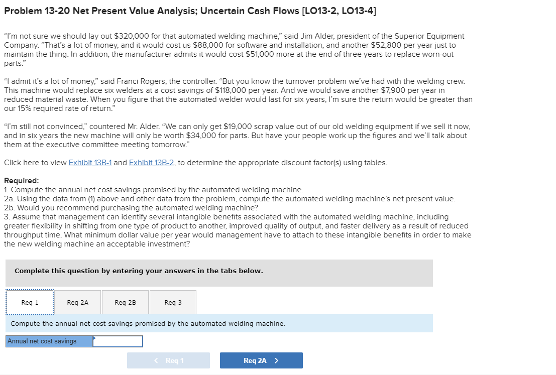  Problem 13-20 Net Present Value Analysis; Uncertain Cash Flows [LO13-2, LO13-4]