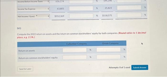 data for Cullumber Company and Oriole Company. (Round ratios to 1 decimal