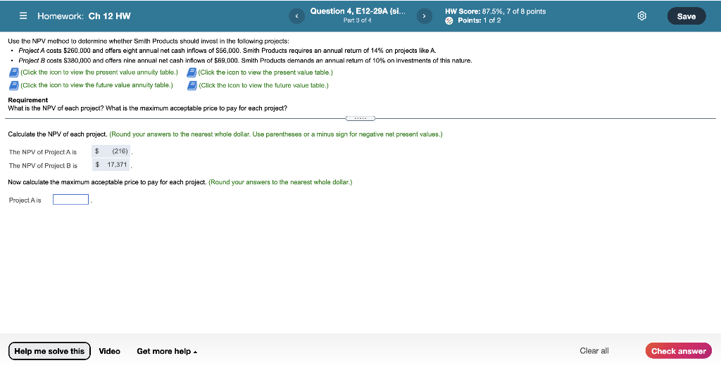 Maximum acceptable price for Project A and B, please. Homework: Ch