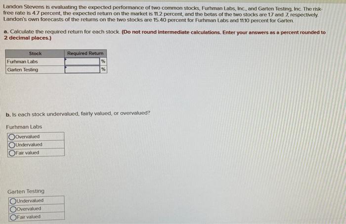  Landon Stevens is evaluating the expected performance of two common stocks,