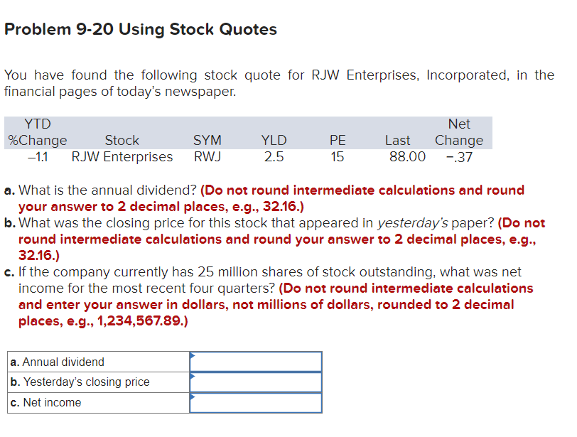  Problem 9-20 Using Stock Quotes You have found the following stock