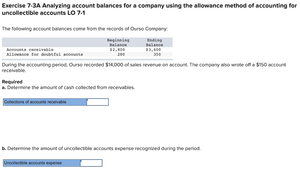  Exercise 7-3A Analyzing account balances for a company using the allowance