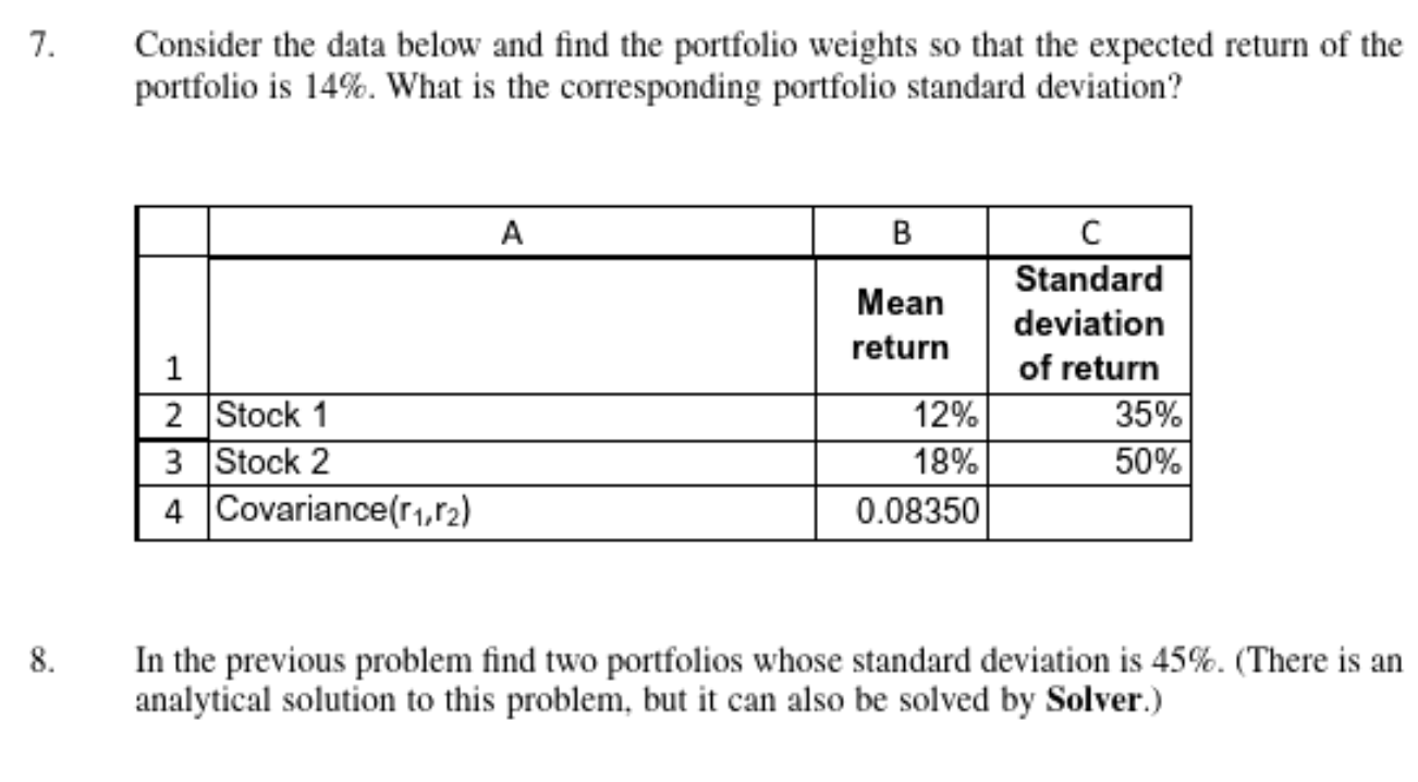  7. Consider the data below and find the portfolio weights so