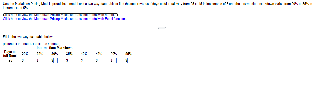  Markdown Pricing Model Data Retail Price $70.00 Inventory 1000 Selling Season