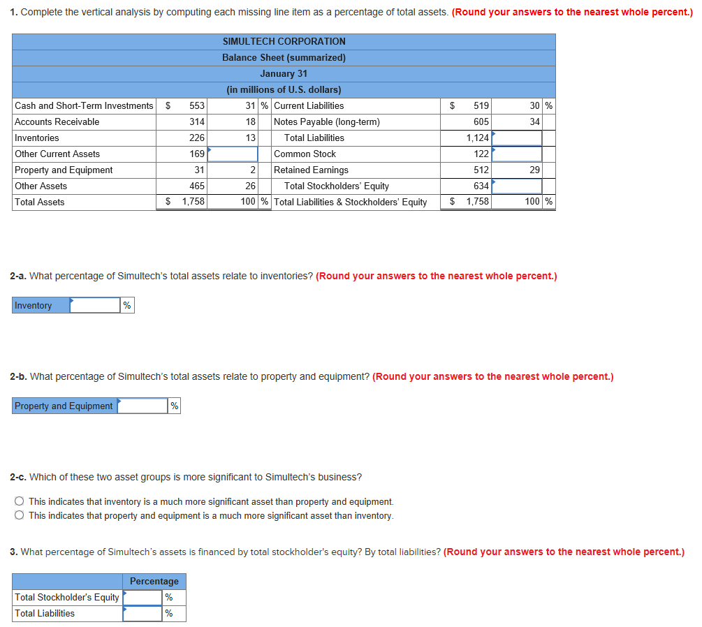  1. Complete the vertical analysis by computing each missing line item