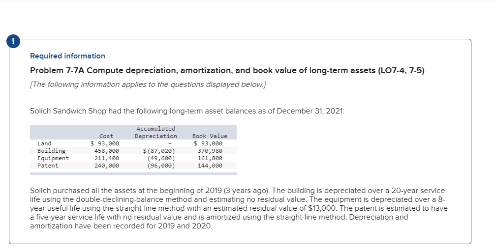  Required information Problem 7-7A Compute depreciation, amortization, and book value of