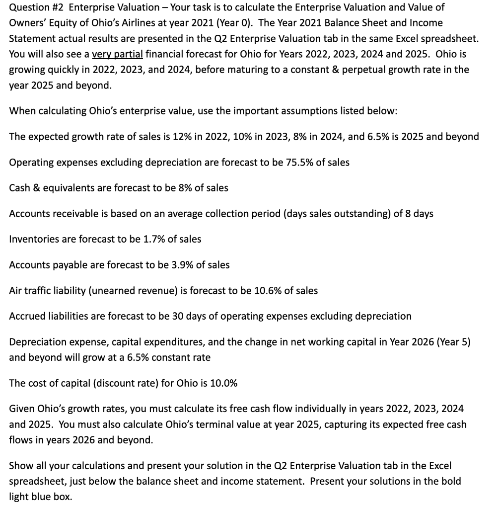  Excel Sheet is below: Question \#2 Enterprise Valuation - Your task