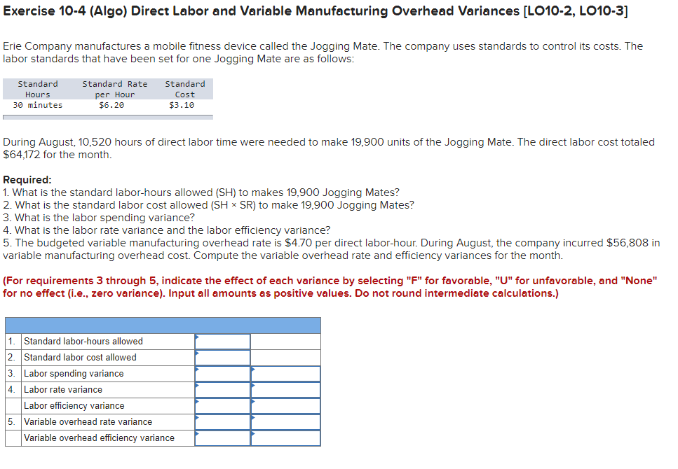 Exercise 10-4 (Algo) Direct Labor and Variable Manufacturing Overhead Variances [LO10-2,