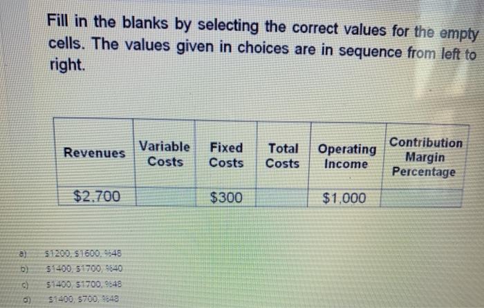  Fill in the blanks by selecting the correct values for the