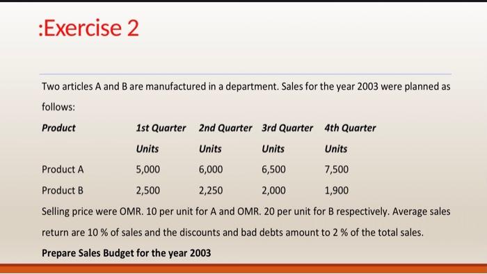  :Exercise 2 Two articles A and B are manufactured in a
