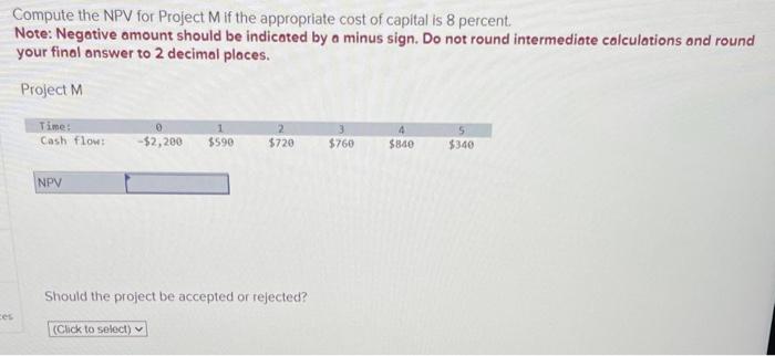  Compute the NPV for Project M if the appropriate cost of