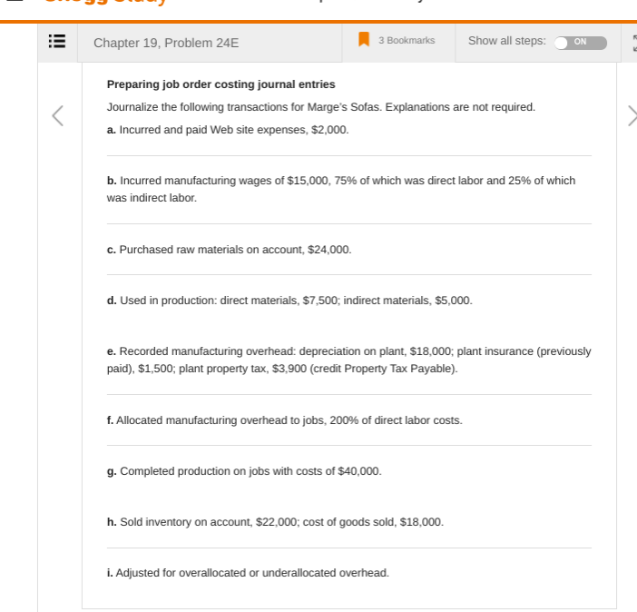  Chapter 19, Problem 24E 3 Bookmarks Show all steps: ON Preparing