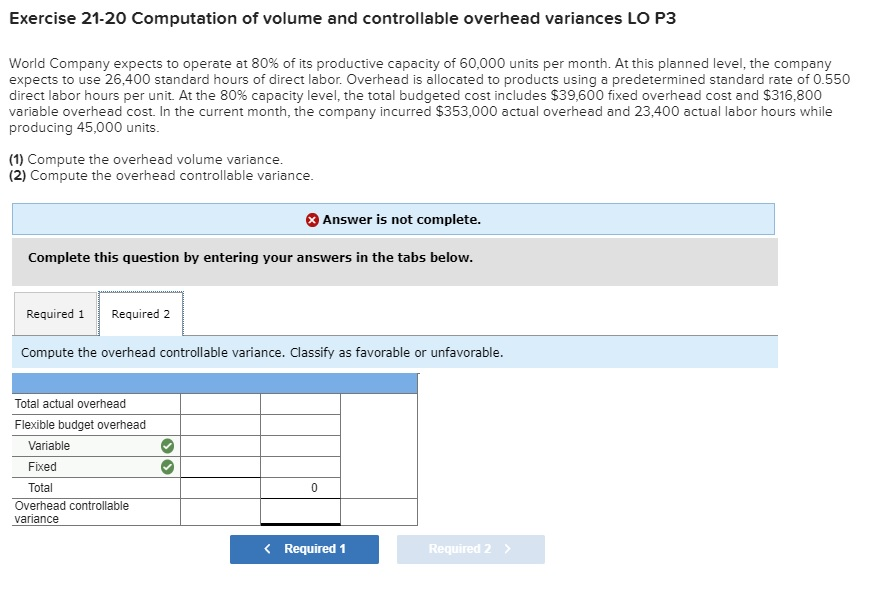 answer didn't display. Exercise 21-20 Computation of volume and controllable overhead variances