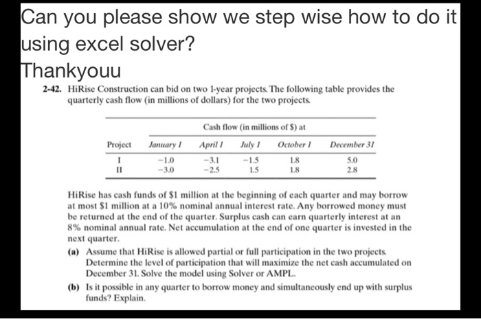 using excel solver? Thankyouu 2-42. HiRise Construction can bid on two 1-year