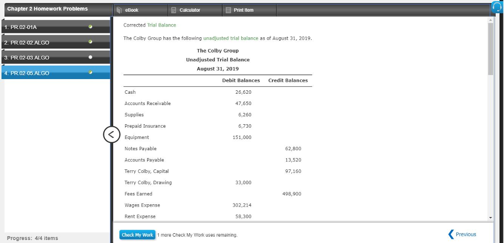  Chapter 2 Homework Problems eBook Calculator Print Itemm Corrected Trial Balance