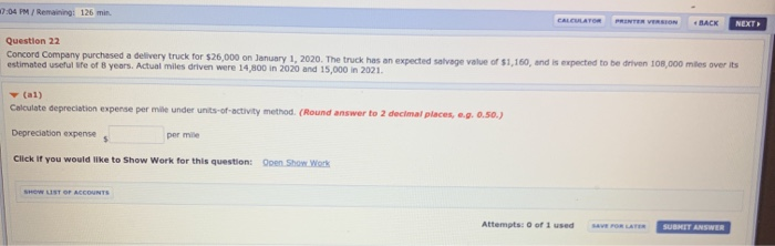  17:04 PM / Remaining: 126 min CALCULATOR PRINTER VERSION BACK NEXT