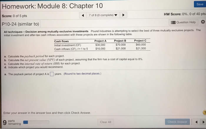  Save Homework: Module 8: Chapter 10 7 of 8 (0 complete)