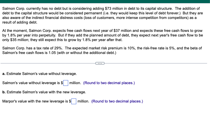 Salmon Corp. currently has no debt but is considering adding $73