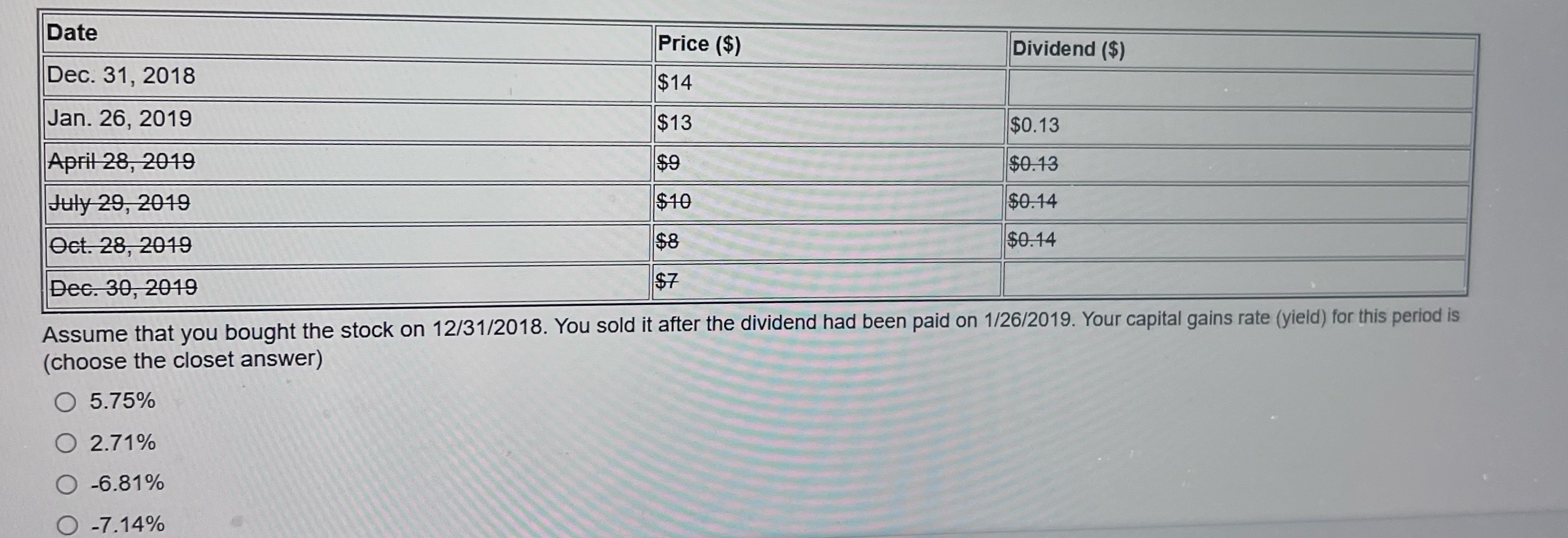  \table[[Date,Price ($),Dividend ($)],[Dec.31,2018,$14,],[Jan.26,2019,$13,$0.13 