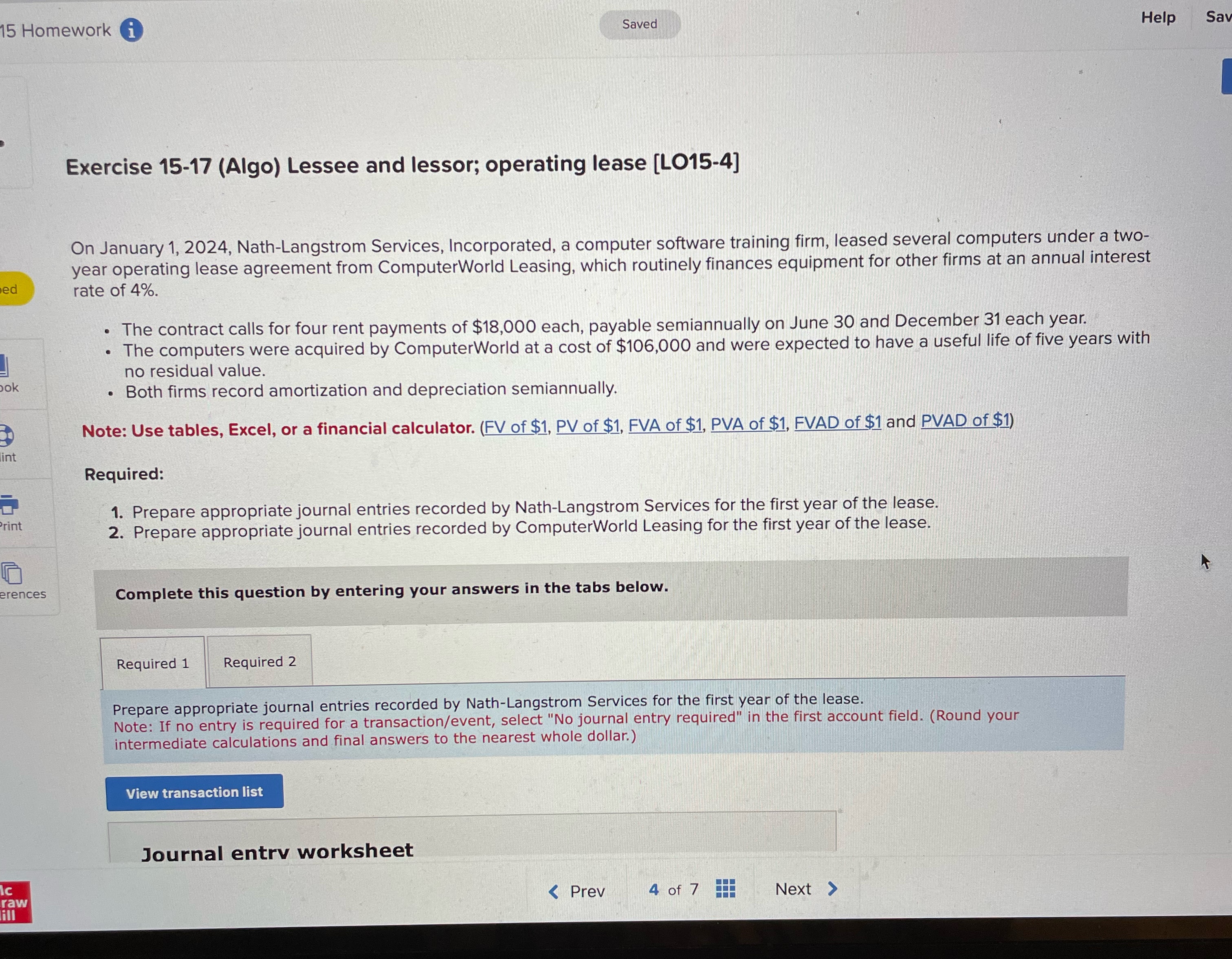  15 Homework i Saved Help Sav Exercise 15-17(Algo) Lessee and lessor;