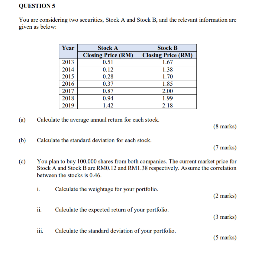  QUESTION 5 You are considering two securities, Stock A and Stock