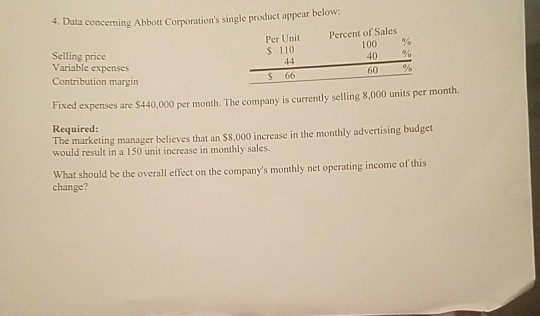 4. Data concerning Abbott Corporation's single product appear below: Percent of